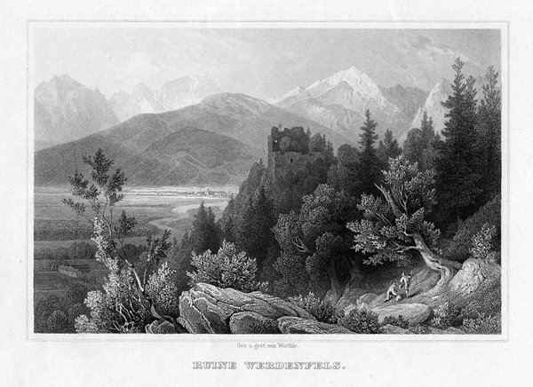 Ruine Werdenfels bei Garmisch - Stahlstich um 1850