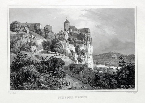 Schloss Prunn- Niederbeyern - Altmühltal - Stahlstich um 1850