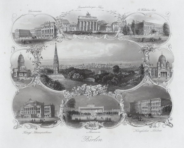 BERLIN: Souvenierblatt mit 9 Ansichten. Originaler Stahlstich um 1850