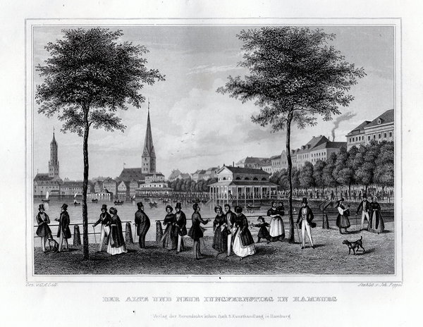 Hamburg - Jungfernstieg - Orig. Stahlstich v. Poppel / Lill um 1840