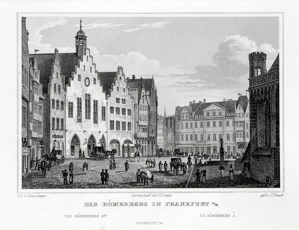 FRANKFURT / Main. Der Römerberg. Originaler Stahlstich um 1840