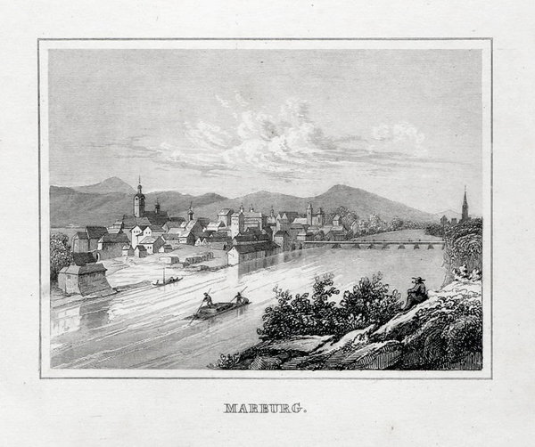 Marburg an der Lahn. Originaler Stahlstich um 1840