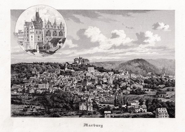 Marburg, Gesamtansicht.. Originaler Stahlstich um 1890