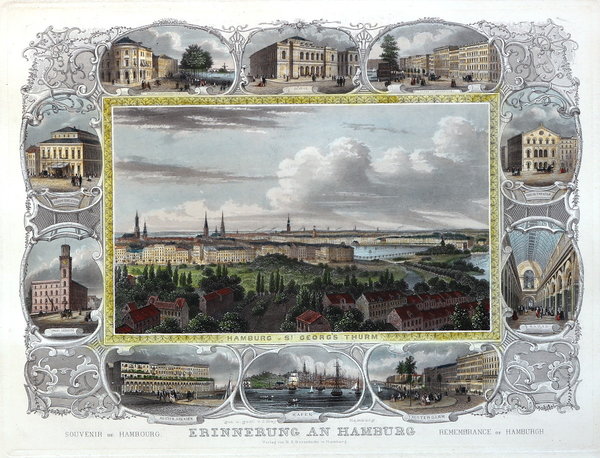 HAMBURG - Erinnerung an Hamburg  Blatt mit 11 Ansichten, handkoloriert, 1855