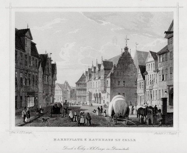 CELLE. Marktplatz mit dem Rathaus. Originaler Stahlstich um 1850