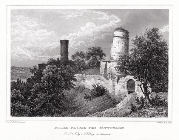 GÖTTINGEN: Burgruine Plesse. Originaler Stahlstich um 1850