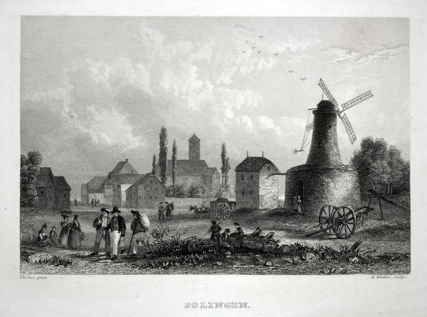 SOLINGEN. Ansicht mit Windmühle. Originaler Stahlstich um 1840