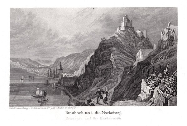 Braubach und die Marksburg. Originaler Stahlstich um 1860