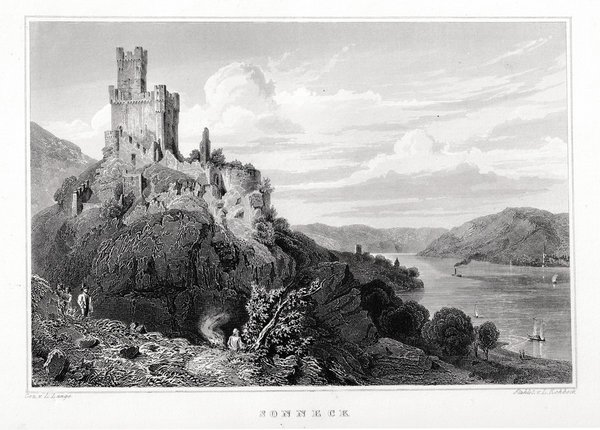 Burg SONNECK (Rhein). Originaler Stahlstich von Rohbock um 1860