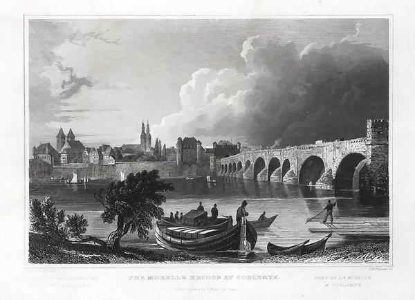 KOBLENZ. Gesamtansicht mit Moselbrücke. Originaler Stahlstich 1835