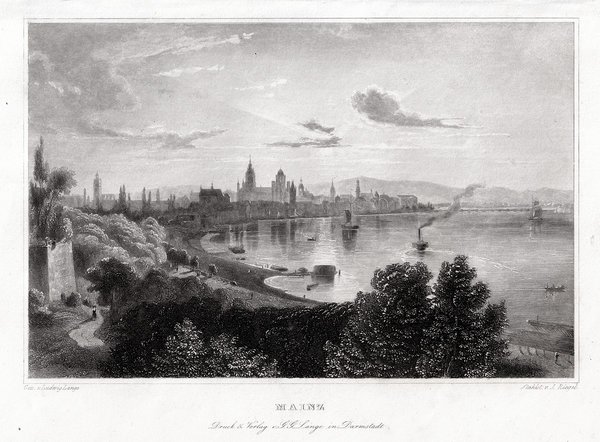 Mainz. Gesamtansicht Originaler Stahlstich von Riegel um 1850