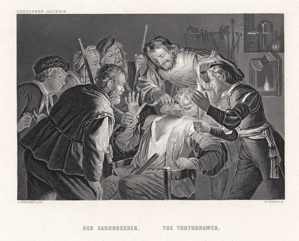 ZAHNARZT - Toothdrawer, Zahnbrecher.. Echter Stahlstich um 1860