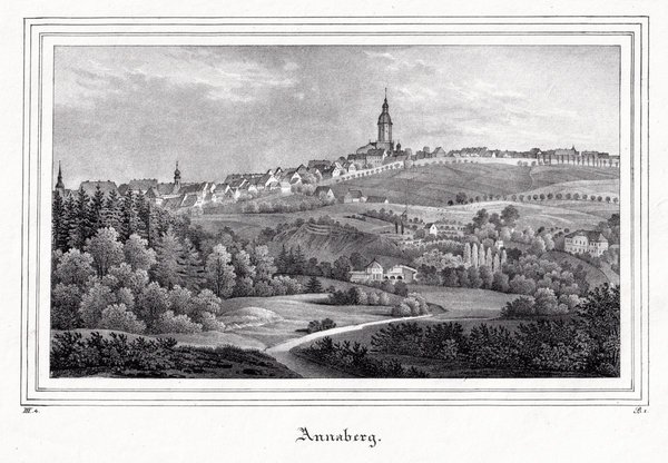 ANNABERG-BUCHHOLZ. Gesamtansicht:. Originale Kreidelithographie um 1840