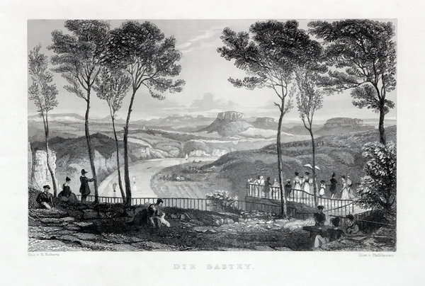 BASTEI - Blick in das Elbtal. Stahlstich um 1850