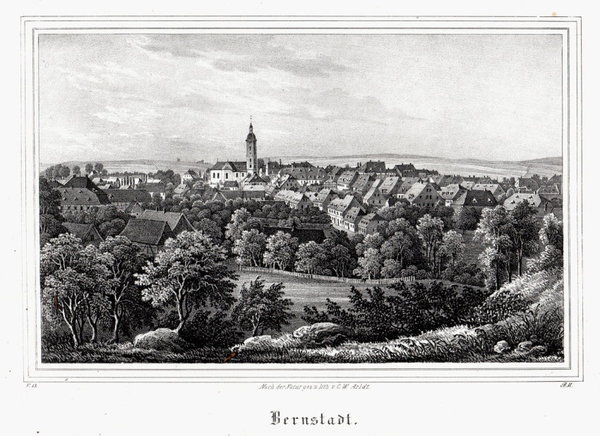 Bernstadt, Oberlausitz. Originale Lithographie aus Saxonia um 1840