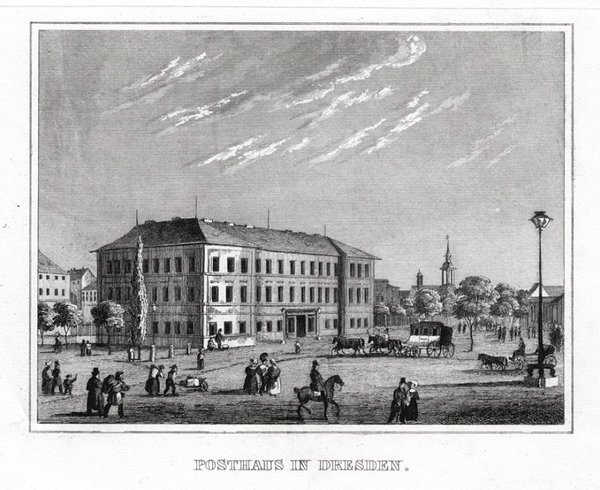 Dresden - Postplatz. Originaler Stahlstich um 1840