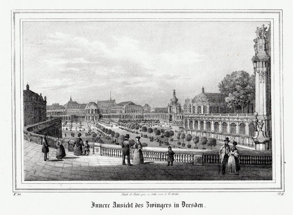 Dresden: Zwinger, Innenansicht. Originale Lithographie aus Saxonia um 1840