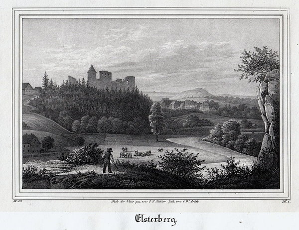 Elsterberg im Vogtland. Originale Lithographie aus Saxonia um 1840