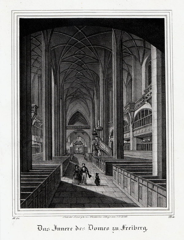 Freiberg. Dom, Innenansicht. Originale Lithographie aus Saxonia um 1840