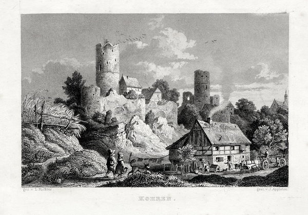 KOHREN - Burg Kohren-Sahlis. Stahlstich um 1850