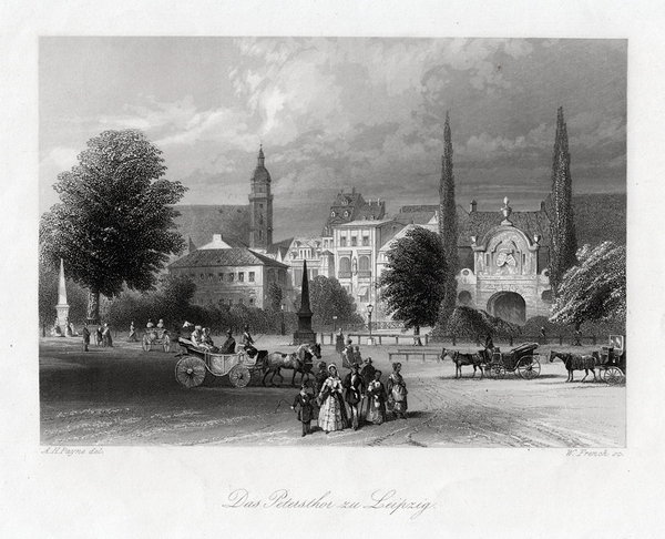 Leipzig. Der Petersplatz nit Thomaskirche. Echter Stahlstich um 1850