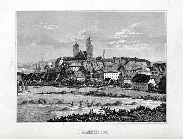 Oelsnitz - Gesamtansicht. Originaler Stahlstich um 1840