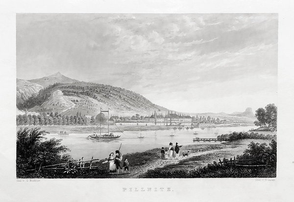 PILLNITZ - Blick über die Elbe. Stahlstich um 1850