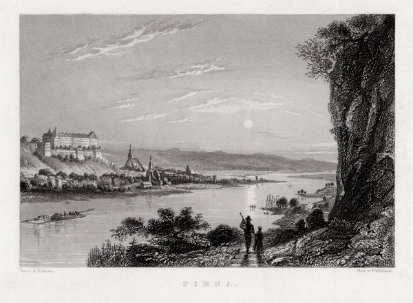 PIRNA - mit Festung Sonnenstein. Stahlstich um 1850