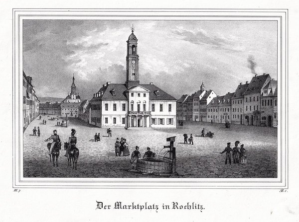 ROCHLITZ: Der Marktplatz:. Originale Kreidelithographie um 1840