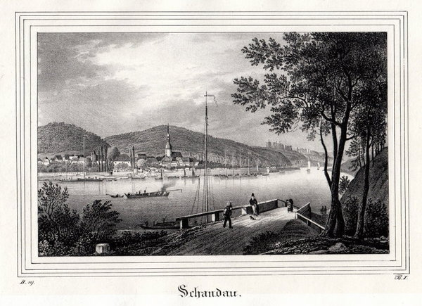 Schandau. Blick über die Elbe. Originale Lithographie aus Saxonia um 1840