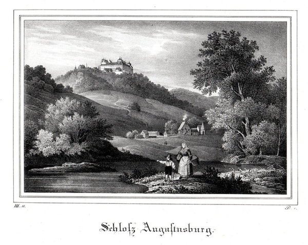Schloß Augustusburg. Originale Lithographie aus Saxonia um 1840