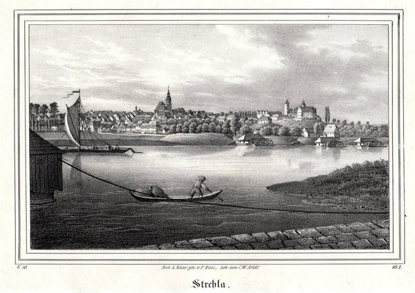 Strehla. Blick über die Elbe. Originale Lithographie aus Saxonia um 1840