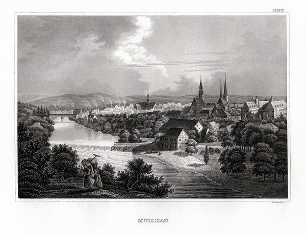 Zwickau, Gesamtansicht. Originaler Stahlstich um 1850
