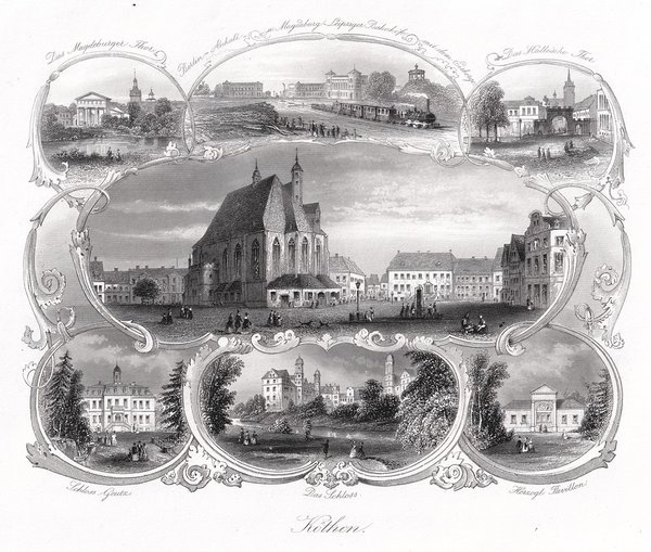 KÖTHEN. Souvenierblatt mit 7 Ansichten. Originaler Stahlstich um 1850