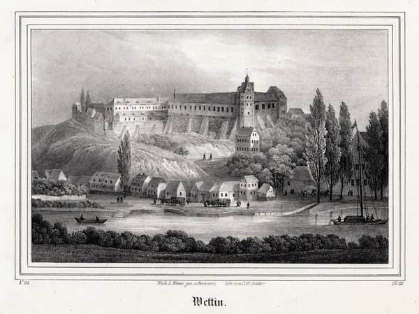Wettin. Ort und Burg. Originale Lithographie aus Saxonia um 1840