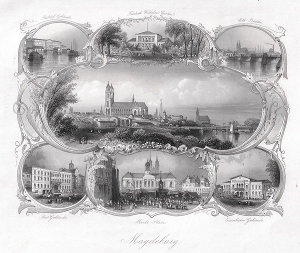 MAGDEBURG: Souvenirblatt mit 7 Ansichten. Originaler Stahlstich um 1850