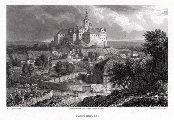 QUEDLINBURG, Gesamtansicht mit dem Schloß - Originaler Stahlstich um 1830