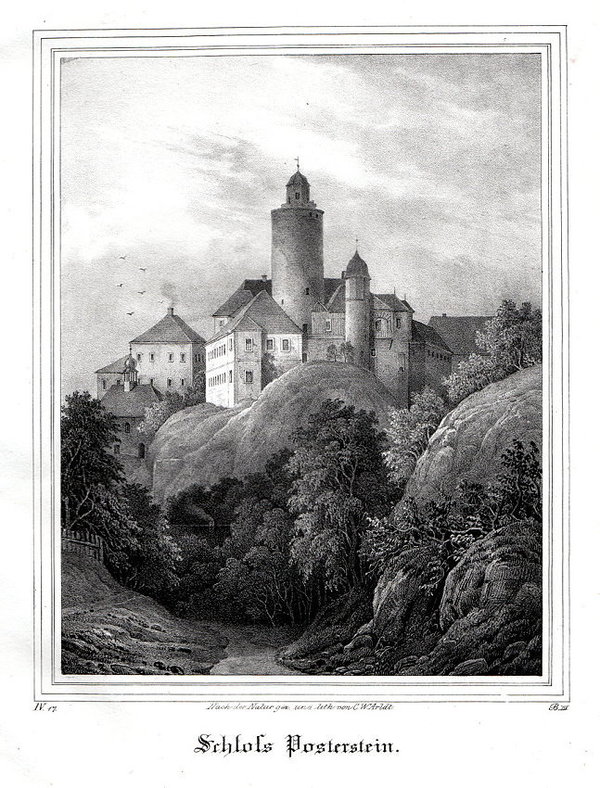 Schloß Posterstein. Originale Lithographie aus Saxonia um 1840