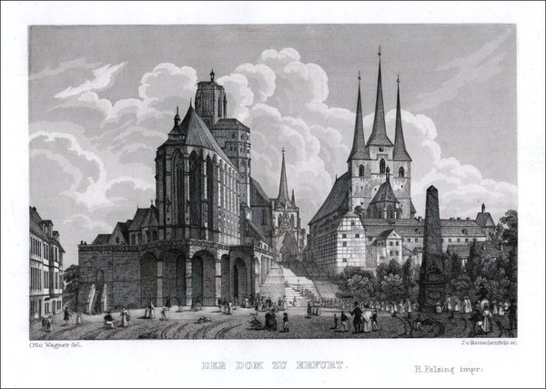 ERFURT. Der Dom & die St. Severin's Kirche.. Originaler Stahlstich um 1850