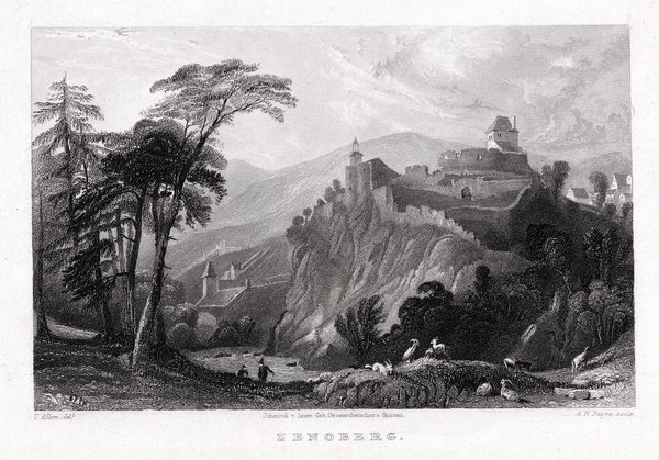 ZENOBERG, Südtirol. Originaler Stahlstich von Payne um 1840