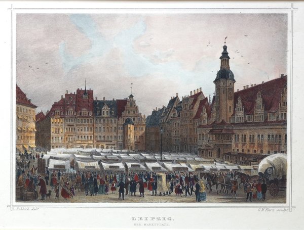 Leipzig - Der Marktplatz mit Rathaus - Orig. Stahlstich um 1870