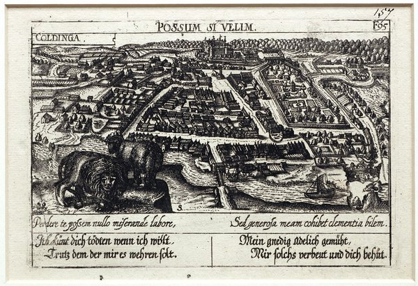 COLDINGA in Dänemark:  Gesamtansicht, Originaler Kupferstich um 1630
