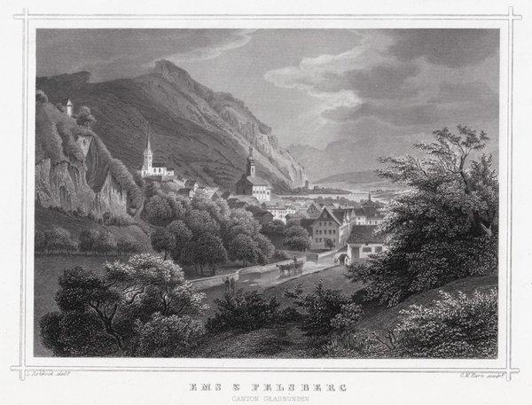 EMS & Felsberg in Graubünden. Originaler Stahlstich um 1850