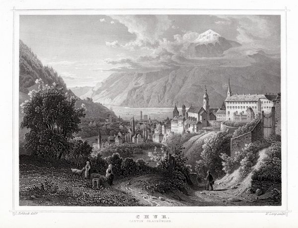 CHUR in Graubünden. Originaler Stahlstich um 1850