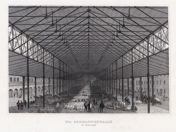 MÜNCHEN: Die Schrannenhalle. Originaler Stahlstich um 1860