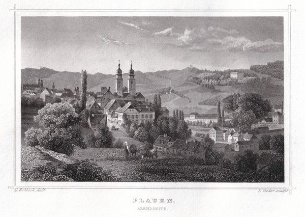 PLAUEN: Gesamtansicht von der Abendseite. Originaler Stahlstich um 1850