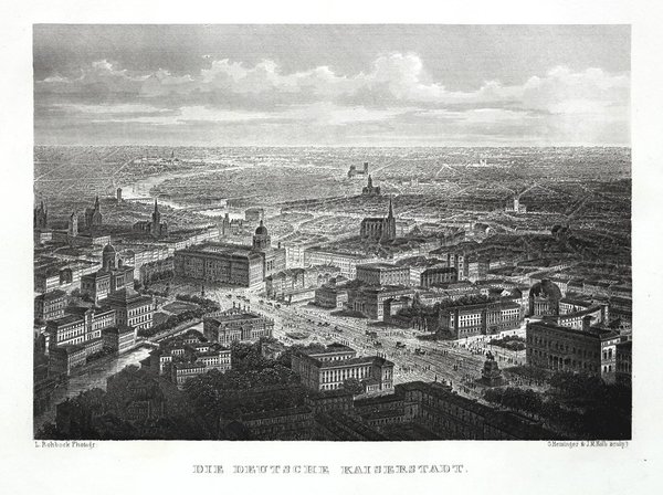 BERLIN: Die deutsche Kaiserstadt aus der Vogelschau. Originaler Stahlstich um 1880