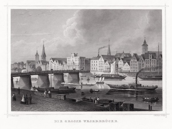 BREMEN: Die Grosse Weserbrücke. Originaler Stahlstich um 1850