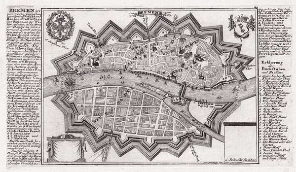 BREMEN. Plan aus der Vogelschau. Originaler Kupferstich um 1720