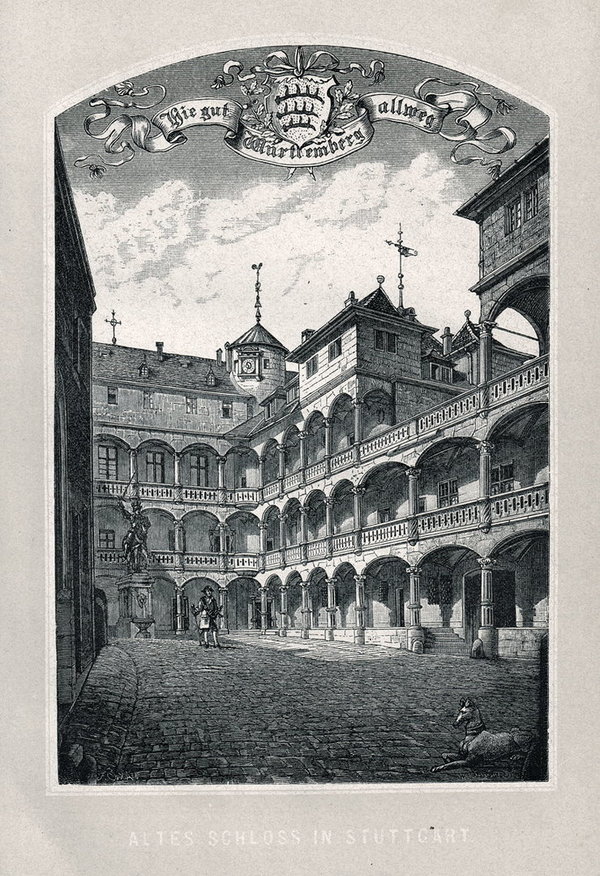 Stuttgart:  Altes Schloß, Hofansicht. Originaler Holzstich um 1885
